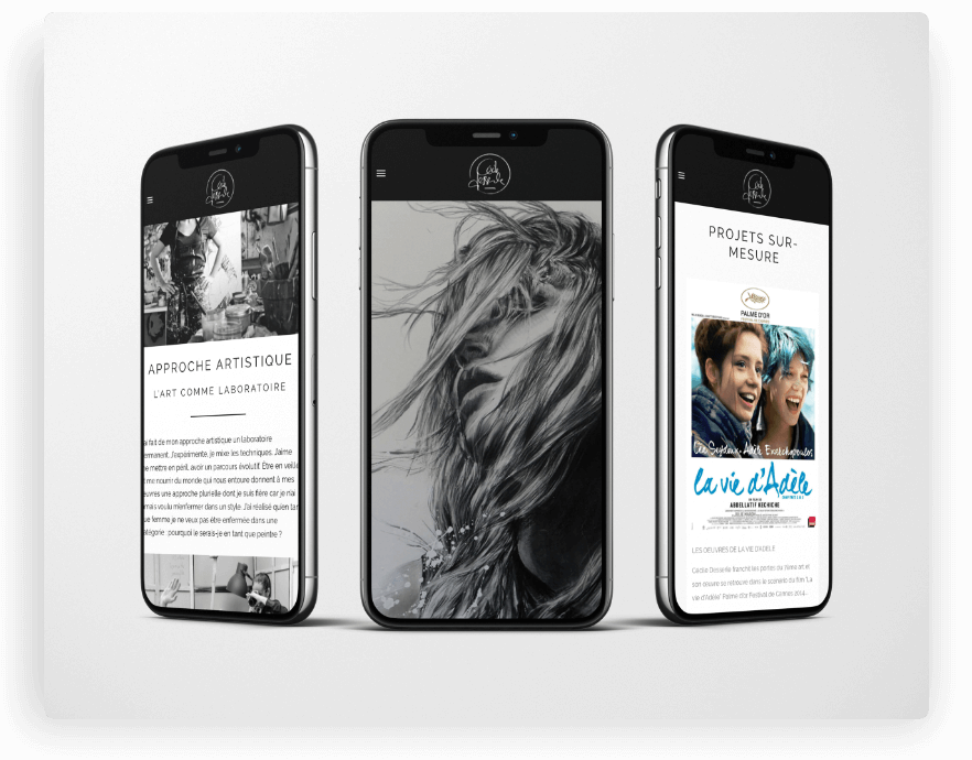 Trois écrans de smartphones affichant divers contenus artistiques.