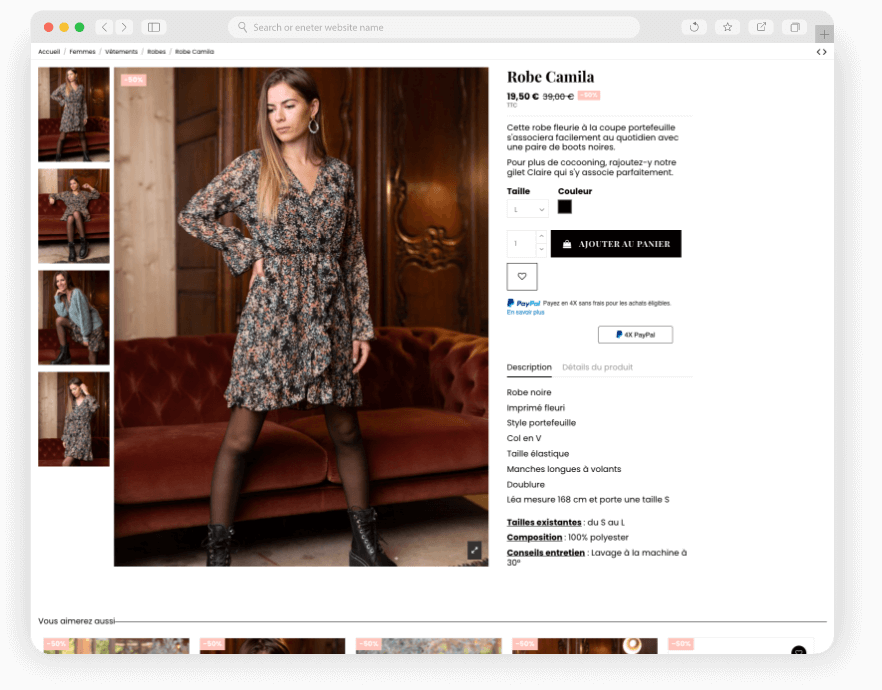 Robe noire à fleurs avec manches longues, style portefeuille.