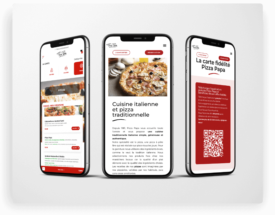Trois smartphones affichent un site de pizzeria.