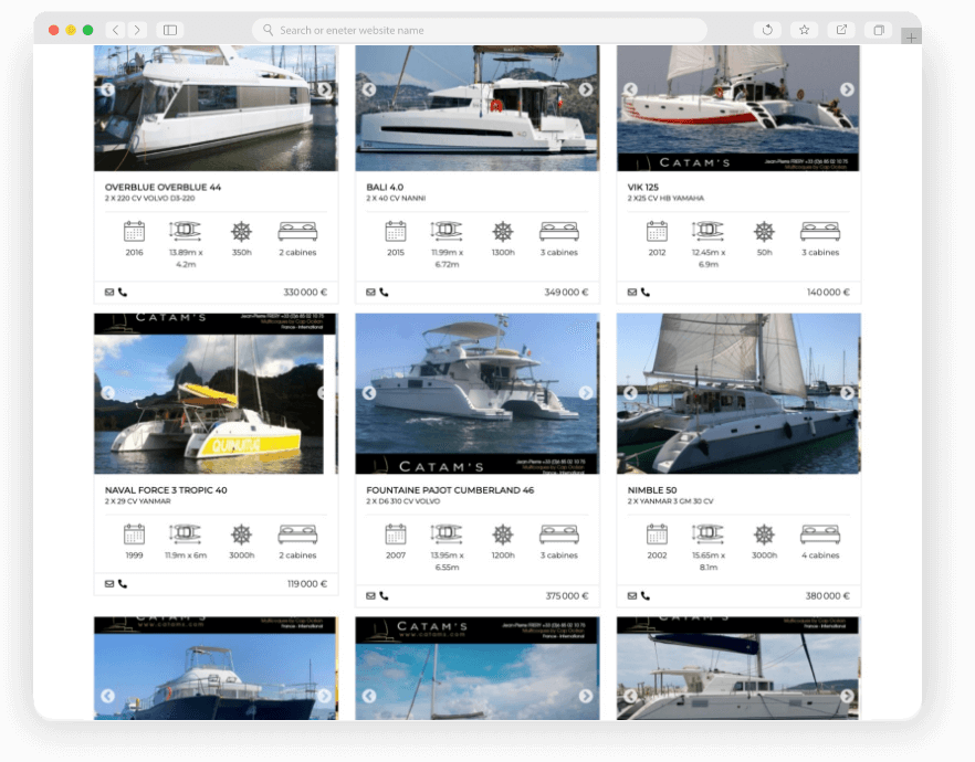 Page de vente de catamarans neufs et d'occasion.
