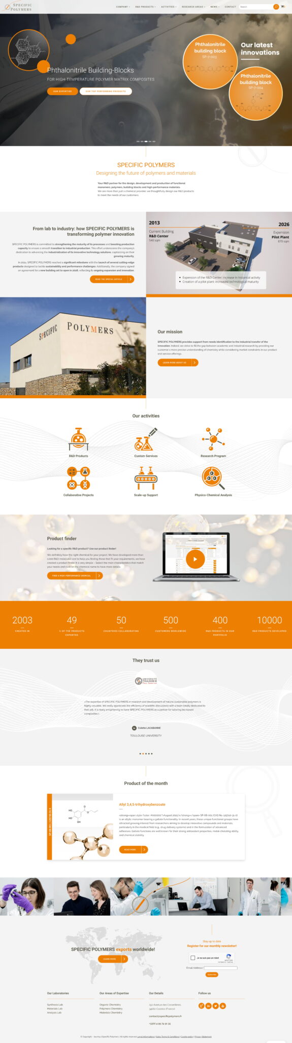 Site web de Specific Polymers avec innovations et produits.