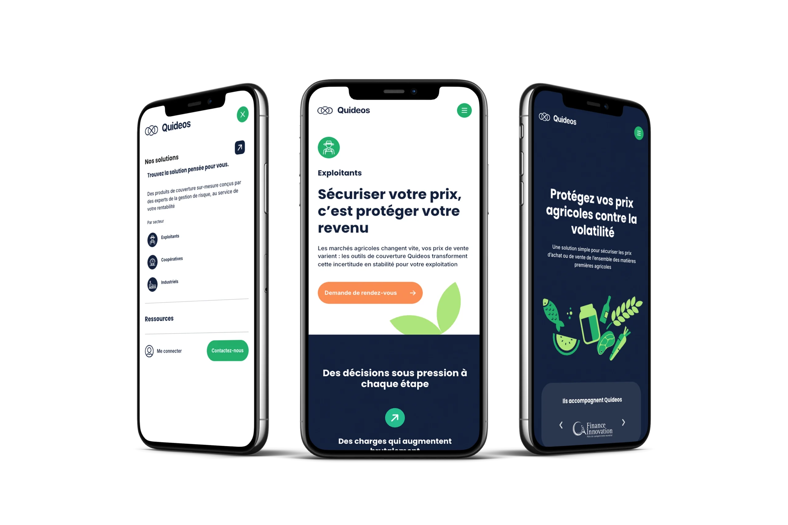 Trois smartphones affichant une application Quideos.